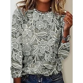 Women's T Shirt Print Floral Fashion Modern Long Sleeve Crew Neck Regular Tops Daily Blue Black Gray Summer