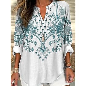 Blouse Femme Lin Comme Respirante Léger Tunique Col V Manches Longues Décontractée Hauts Florale Graphique Vintage Hauts Classiques Quotidiens Imprimé Blanc Ro