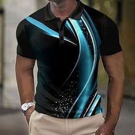 Men's Geometic Line Waffle Polo Shirts Short Sleeve Polo Shirts Collared Shirts Business Casual Business Athleisure Wear to work 3D Print Buttons Summer Blue R