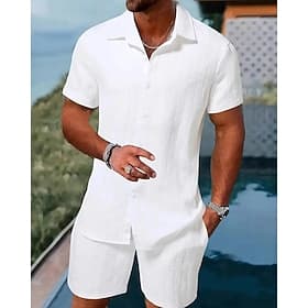 Homme Ensembles T-shirt Tenues 2 pièces Ensemble Short Manche Courte Col de chemise Été Uni Mode Occasionnel 2 pièces Vacances Tenue quotidienne Sortir Blanche