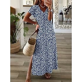 Damen Maxikleid A-Linie Kleid Sommerkleid Elegant Urlaub Lässig Urlaub Täglich Reguläre Passform Floral Grafik Polka Dot Kurzarm V-Ausschnitt Staubiges Blau So