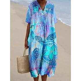 Damen Midikleid Sommerkleid Urlaub Lässig Strand Ausgehen Lässiger Schnitt Blumen Grafik Halbarm V Ausschnitt Blau Sommer
