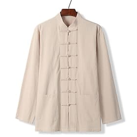 Homme Chemise Chemise en lin Chemise Décontractée Chemise Boutonnée Chemise en coton Uni Vêtements de rue Vacances Gris manche longue Col montant Printemps  Au