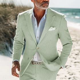 Pour des hommes Costumes Costumes en seersucker Mariage à la plage Vert Sauge Printemps  Été Costume / Tailleur Léger Couleur Unie Coupe Standard 2 pièces Simp