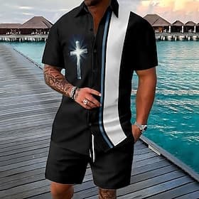 Easter Men's Cross 2pcs Shirts Sets Shirt Set Short Sleeve Short Pants Turndown Vintage Casual Daily Festival Outfit 3D Print Summer Robin's Egg Blue White Ora