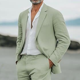 Pour des hommes Costumes en lin Mariage à la plage Occasionnel Bleu Ciel Vert Sauge Printemps, Automne, Hiver, Été Costume / Tailleur Revers Cranté Mode Quotid