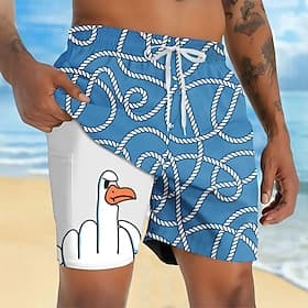 Men's Animal Funny Duck Lined Shorts 2 in 1 Board Shorts Swim Shorts Mid Waist Hawaiian Vacation Holiday Beach Wear Side Pockets With Compression Liner Elastic