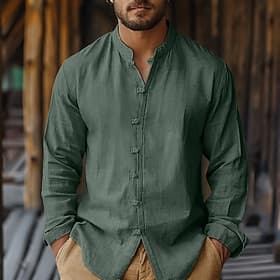 Per uomo Camicia Camicia di lino Camicia Estiva Tinta unica Streetwear Abbigliamento quotidiano Bianco Blu marino Verde Beige Manica Lunga Abbigliamento