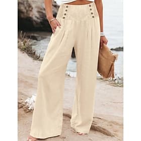 Women's Linen-feel Pants Trousers Summer Pants Baggy Pants Vacation Basic Casual Full Length High Waist Plain Wide Leg Elastic Waistband Soft Breathable Micro-