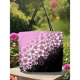 Floral Tote Bag for Women – Stylish Large Capacity Handbag with Black and Pink Flower Design, Perfect for Shopping, Travel, and Daily Use