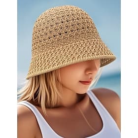 Women's Vintage Straw Bucket Hat – Handwoven Breathable Sun Hat, Lightweight  Foldable, Elegant Beach Hat for Summer Vacations, Travel and Outdoor Activities