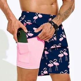 Men's Flamingo Bird Lined Shorts 2 in 1 Board Shorts Swim Shorts Mid Waist Hawaiian Vacation Holiday Beach Wear Side Pockets With Compression Liner Elastic Dra thumbnail 2