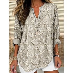 Blusa de Mujer Lino Similar Transpirable Ligera Túnica Cuello en V Manga Larga Boho Tops Casuales Estampado 3D Gráfico Floral Vintage Tropical Regulares Diario
