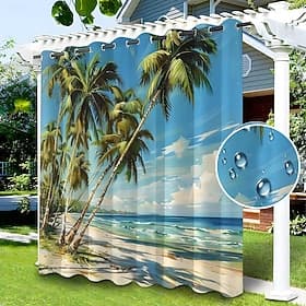Wasserdichter Outdoor Vorhang Sichtschutzvorhang für den Außenbereich, Schiebevorhänge für die Terrasse, Pergola mit Ösen, Strand-Palmen-Landschaft für Pavillo