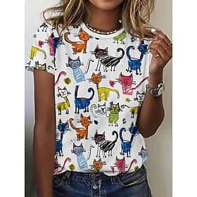 Femmes T-shirt Hauts d'été Imprimé Graphique Chat Classique Occasionnel Manche Courte Col ras du cou Hauts courts Quotidien Week-end Arc-en-ciel Été Printemps