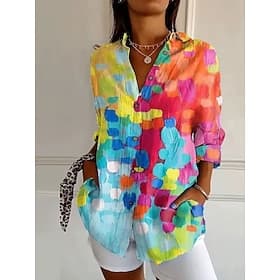 Women's Shirt Linen Like Breathable Lightweight Button Down Tunic Shirt Collar Long Sleeve Floral Casual Regular Tops Work Daily s Print White Yellow Pink Red