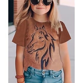 Mädchen 3D Pferd T-Shirt Kurzarm Sommer Frühling Mode Basic Kinder 4-12 Jahre Rundhalsausschnitt Outdoor Lässig Täglich Normale Passform
