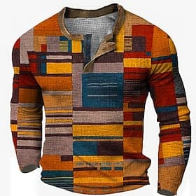 Herren Grafik Farbblock Waffel-Henley-Hemd Lässiger Stil Klassicher Stil Langarm 3D-Druck Mode Designer Basic Täglich Outdoor Frühling  Herbst Blau Gelb Rote O