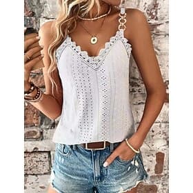 Women's 100% Cotton Camisole Tank Top Solid Color Basic Casual Sleeveless Strap Regular Tops Daily Lace Patchwork White Yellow Pink Army Green Gray Summer Spri