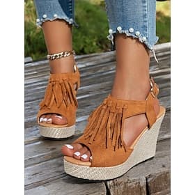 Women's Fringe Wedge Sandals – Boho Peep Toe Platform Heels for Summer Beach Vacations, Casual Chic Outfits, and Festival Wear