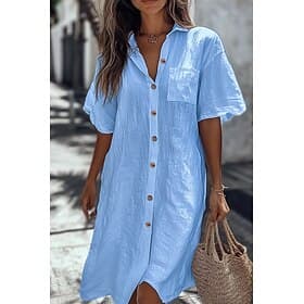 Damen Hemd Baumwoll Mischung Knopfleiste Bluse Tasche Knöpfe Einfach Basic Modern Lässig Kurzarm Hemdkragen Lange Oberteile Täglich Ferien Ausgehen Weiß Gelb L