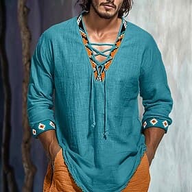 Homme Chemise Chemise en lin Chemise d'été Chemise de Plage Couleur Unie Vacances Occasionnel Noir Blanche Vert manche longue Col en V Vêtement Tenue Cordon de