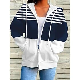 Damen Kapuzen Sweatshirt Jacke Langarm Zip-Up Hoodie mit Tasche Leicht Casual Mikro-elastisch Oversized Geometrisch Gestreift Aktiv Vintage Sport Kordelzug Vor