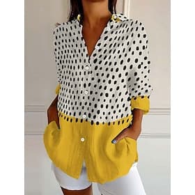 Womens Hemd Leinenähnlich Atmungsaktiv Leicht Button Down Tunika Hemd Kragen Lange Ärmel Grafik Pünktchen Freizeit Reguläre Oberteile Arbeit Täglicher s Druck