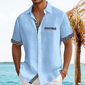 Men's Shirt Linen Shirt Summer Shirt Beach Shirt Untucked Shirts Plaid Vacation Holiday Black Pink Orange Light Blue Short Sleeve Collar Summer Clothing Appare