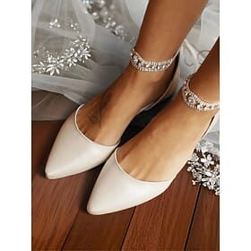 Women's Ivory Bridal Flats with Rhinestone Ankle Strap – Elegant Pointed-Toe Wedding Shoes for Bride