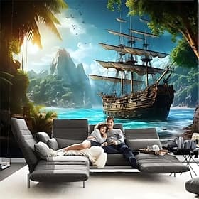 Landscape Ocean Pirate Boat Hanging Tapestry Wall Art Large Tapestry Mural Decor Photograph Backdrop Blanket Curtain Home Bedroom Living Room Decoration