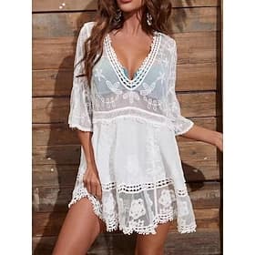 Bañador de Mujer Cubierto Vestido Encaje Parchwork Vacaciones Playa Color Sólido V Cuello Manga Larga