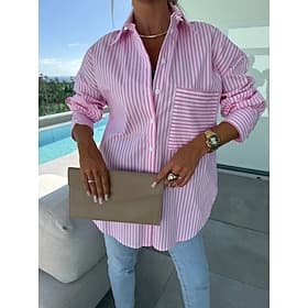 Blouse Women's Pink Blue Khaki Striped Printing Front Pocket Daily Elegant V Neck Regular Fit S