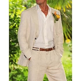 Herren Smokings Leinenanzüge Strandhochzeit Hochzeit Beige Frühling, Herbst, Winter, Sommer Anzug Fallendes Revers Einfarbig Figurbetonter Schnitt 2-teilig Ein