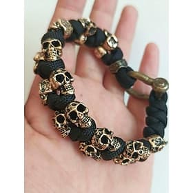 Men's Punk Skull Bracelet - Survival Handwoven Paracord Bracelet, Metal Gothic Biker Wristband, Rock Style Jewelry for Parties and Concerts