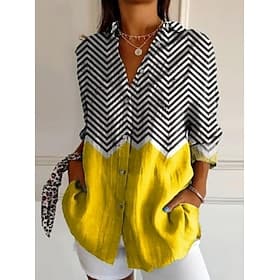 Women's Shirt Linen Like Breathable Lightweight Button Down Tunic Shirt Collar Long Sleeve Graphic Geometric Vintage Tropical Stylish Work Daily s Print Yellow