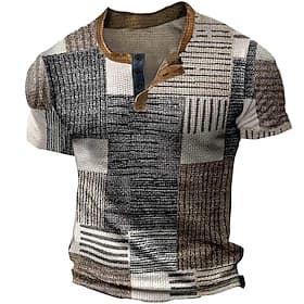 Men's Graphic Plaid Waffle Henley Shirt Tee Short Sleeve 3D Print Fashion Designer Basic Outdoor Casual Daily Summer Blue Green Khaki Dark Gray Henley Henley T