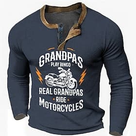 Men's Long Sleeve Henley T-Shirt: Real Grandpas Ride Motorcycles Biker Lifestyle Graphic Tee Gift