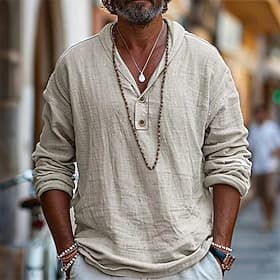 Homme Chemise Chemise en lin Chemise popover Chemise d'été Chemise de Plage Couleur Unie Vacances Rue Noir Bleu Kaki manche longue Col Printemps  Été Vêtement