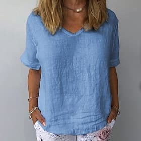Women's Shirt 100% Cotton Plain Daily Stylish Basic Short Sleeve V Neck Regular Tops Daily Work Holiday Blue White Gray Summer