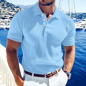 Men's Rib Knit Top Textured Casual Work Lapel Ribbed Polo Collar Short Sleeve Basic Modern Color Block Buttons Knitted Spring  Summer Summer Regular Fit White
