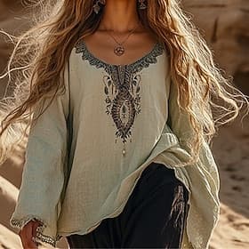Women's Boho Shirt Print Geometric Plain Daily Stylish Basic Long Sleeve Crew Neck Regular Tops Daily Work Holiday Navy Blue Purple Khaki Beige Spring Fall