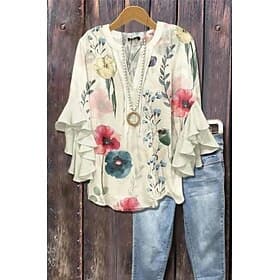 Women's Blouse V Neck Layered Ruffle Sleeve Tops Floral Graphic Daily Stylish Casual 3/4 Length Sleeve Regular Tops Daily Holiday Vacation Wear Print Blue Beig