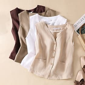 Women's Linen-feel Shirts Pocket Buttons Plain Modern Casual Sleeveless V Neck Regular Tops Holiday Going out White Khaki Brown Apricot Summer