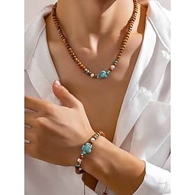 Set aus Halskette und Armband mit Schildkrötenmotiv aus Naturholzperlen für Herren – verstellbarer Schmuck im Boho-Strandstil für den Sommerurlaub und die Frei