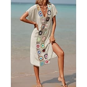 Women's Cover Up Swimsuit Dress Patchwork Vacation Beach Wear Solid Color V Neck Short Sleeves Bathing Suits