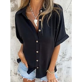Women's Shirt Buttons Plain Basic Modern Half Sleeve Shirt Collar Regular Tops Daily Black White Red Purple Fuchsia Summer