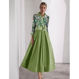 A-Linie Bodenlang Perlenbestickt Hemdblusenkleid Partykleid Brautmutterkleid Langarm Hemdkragen Elegant Vintage seidig Hochzeit Formell Hochzeitsgast Satin mit