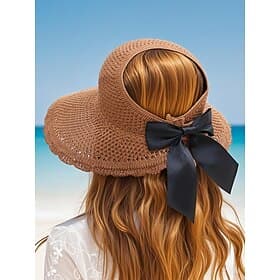 Women's Wide Brim Foldable Straw Sun Hat with Black Bow – Elegant Beach Vacation UV Protection Hat for Summer Travel and Outdoor Wear