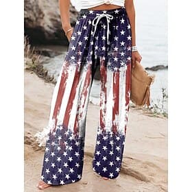 Uavhengighetsdagen patriotiske kvinnes bredde bein chinos baggy bukser strand shorts ferie vintage mot full lengde høy midje bukser grafisk flagg flaggtrykk mi
